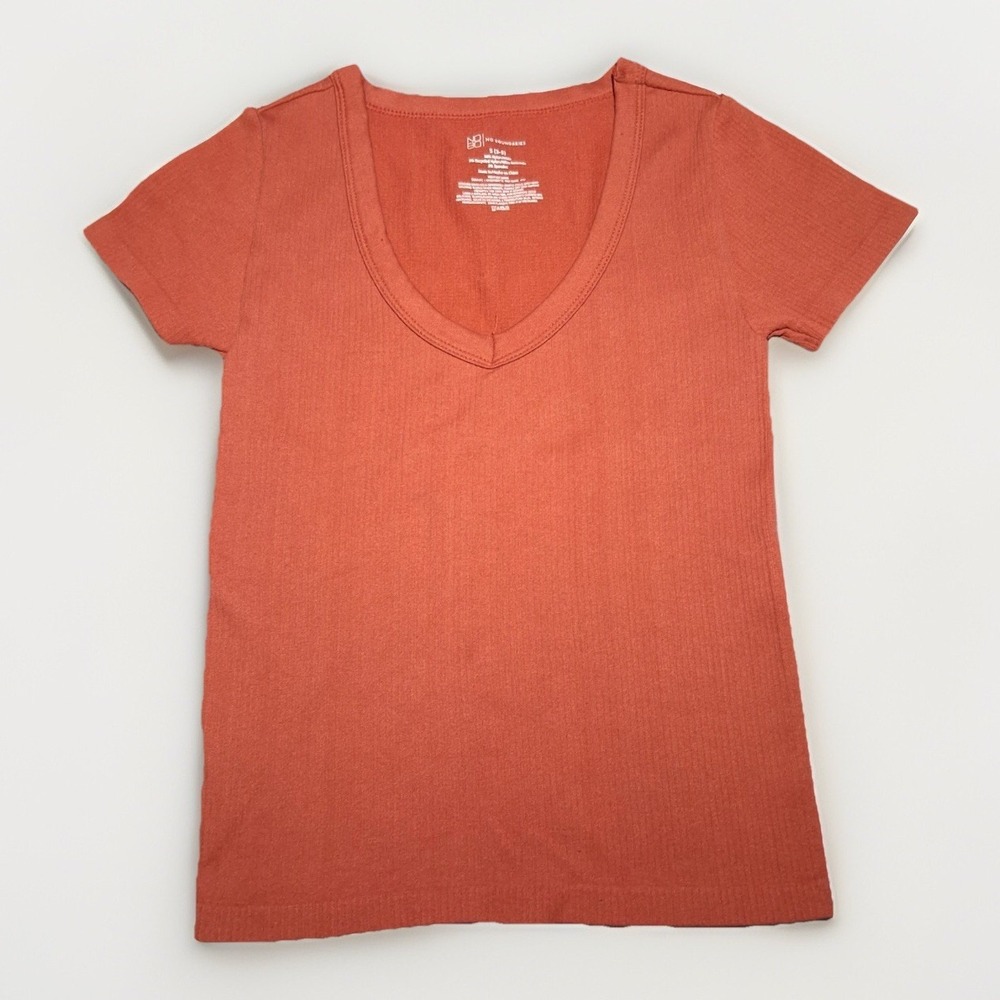 No Boundaries Ribbed V-Neck Seamless Short Sleeve Tee Terracotta Orange Small